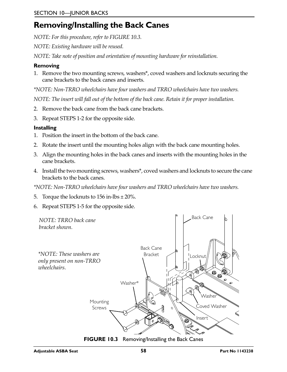 Removing/installing the back canes | Invacare Adjustable ASBA Seat User Manual | Page 58 / 76