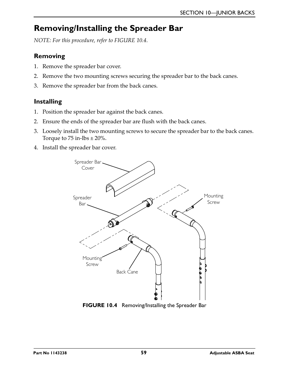 Removing/installing the spreader bar, Removing installing | Invacare Adjustable ASBA Seat User Manual | Page 59 / 76