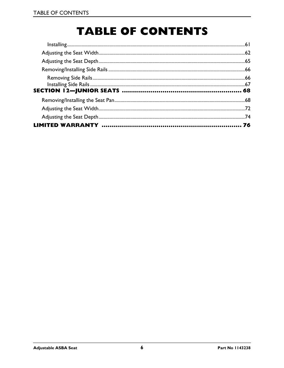 Invacare Adjustable ASBA Seat User Manual | Page 6 / 76