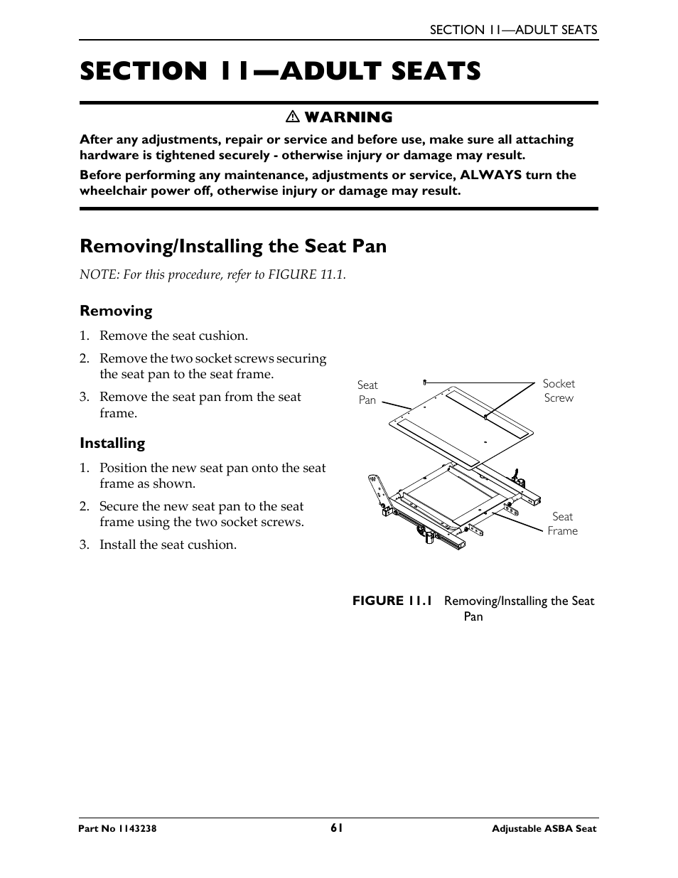 Section 11—adult seats, Removing/installing the seat pan, Removing | Installing | Invacare Adjustable ASBA Seat User Manual | Page 61 / 76