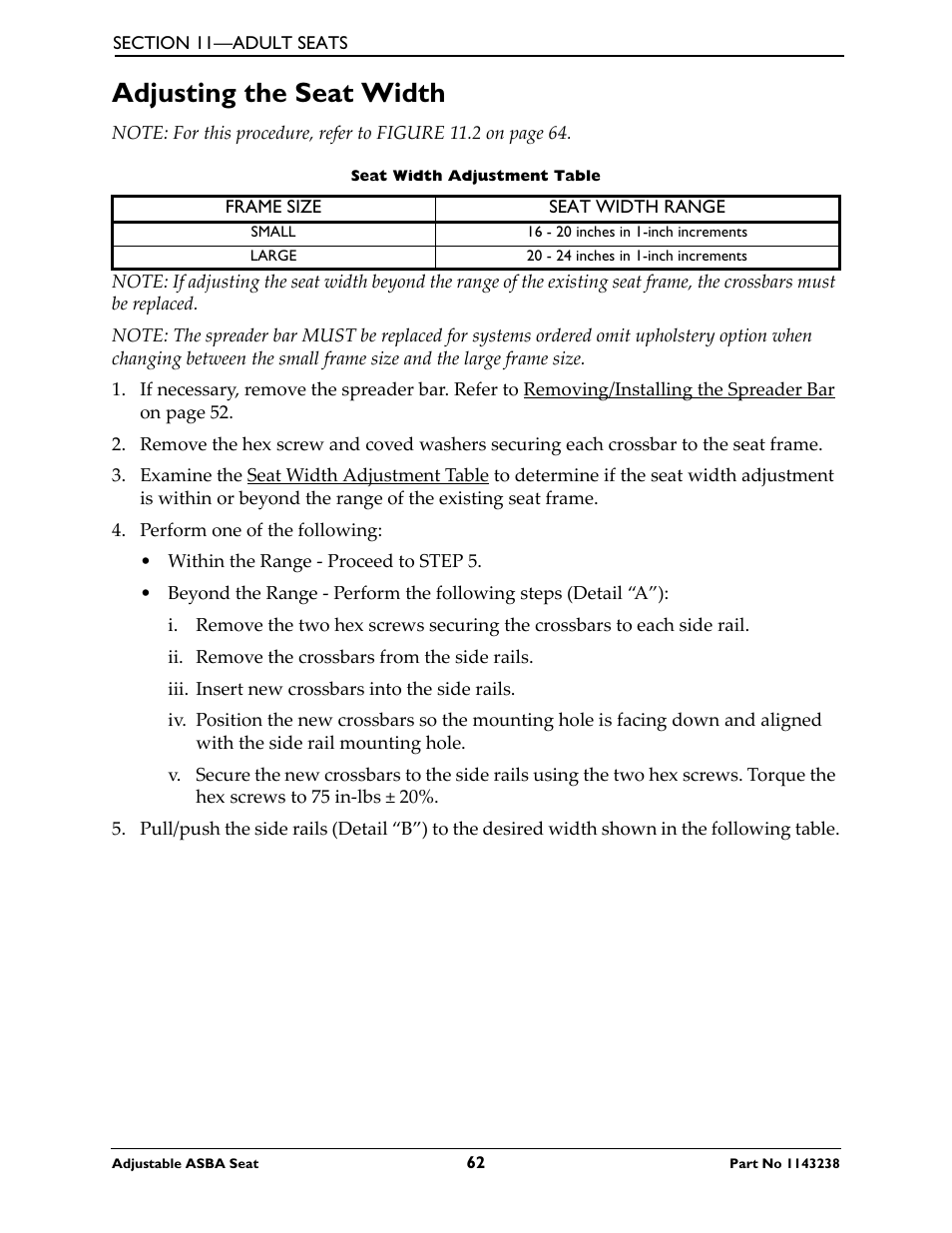 Adjusting the seat width | Invacare Adjustable ASBA Seat User Manual | Page 62 / 76
