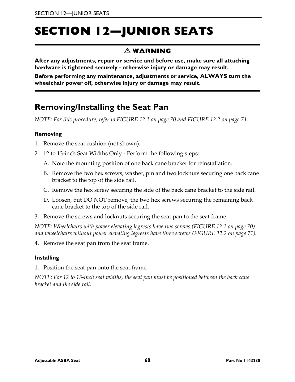 Section 12—junior seats, Removing/installing the seat pan | Invacare Adjustable ASBA Seat User Manual | Page 68 / 76