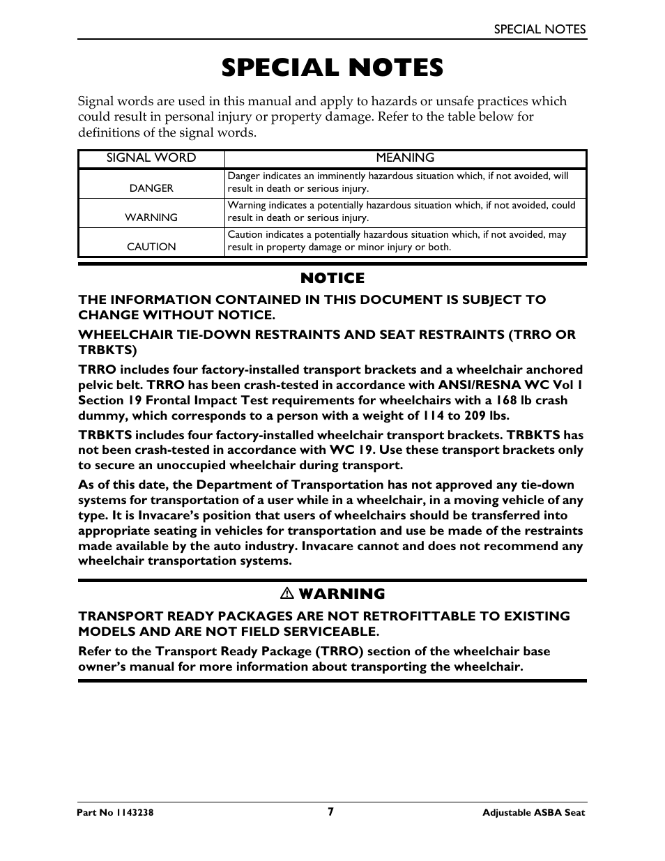 Special notes | Invacare Adjustable ASBA Seat User Manual | Page 7 / 76