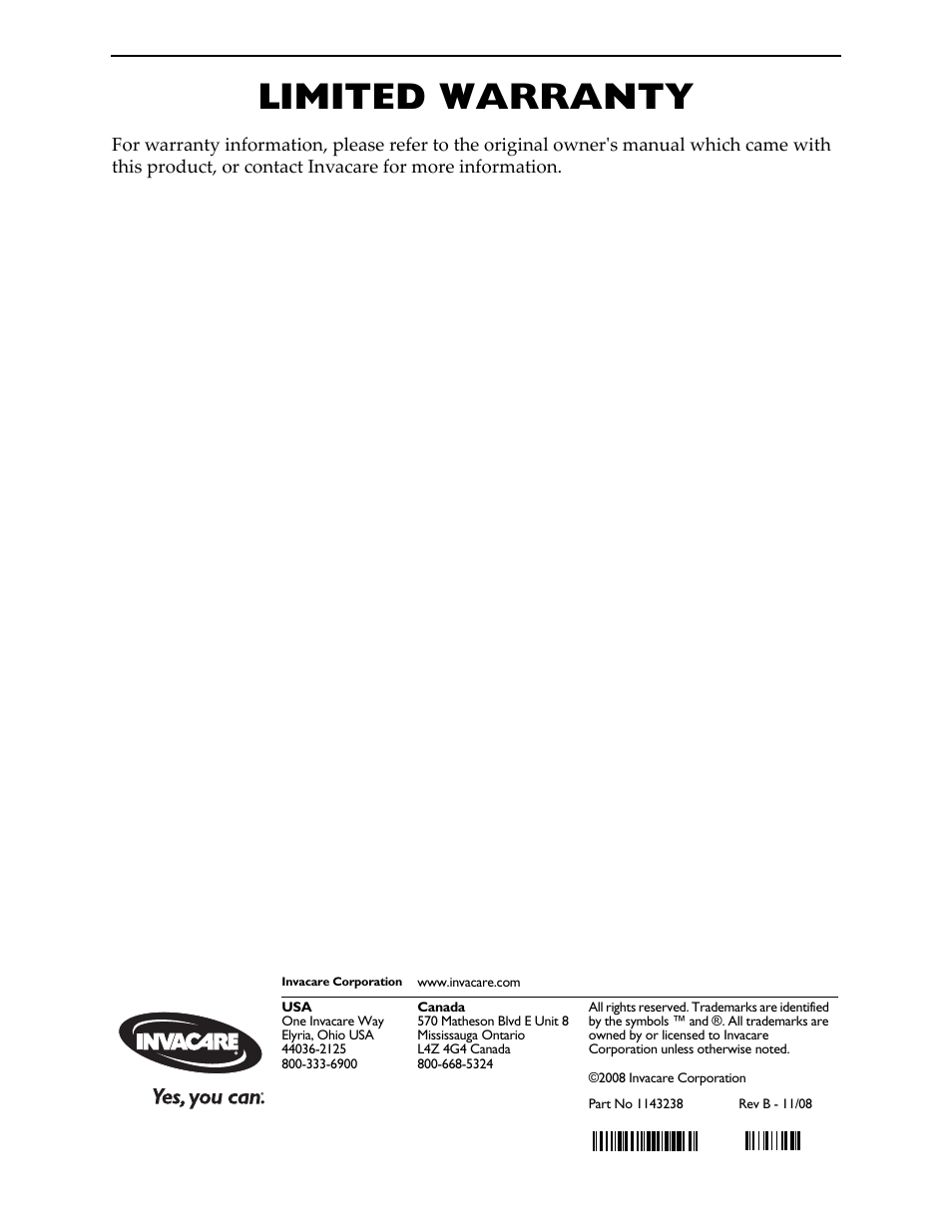 Part no 1143238, Limited warranty | Invacare Adjustable ASBA Seat User Manual | Page 76 / 76