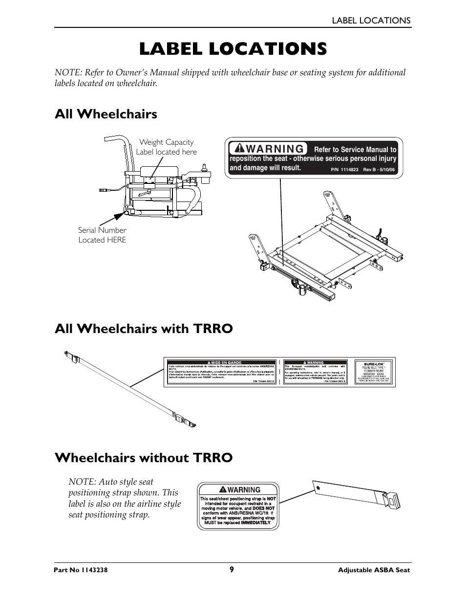 Label locations, All wheelchairs, All wheelchairs with trro | Wheelchairs without trro | Invacare Adjustable ASBA Seat User Manual | Page 9 / 76