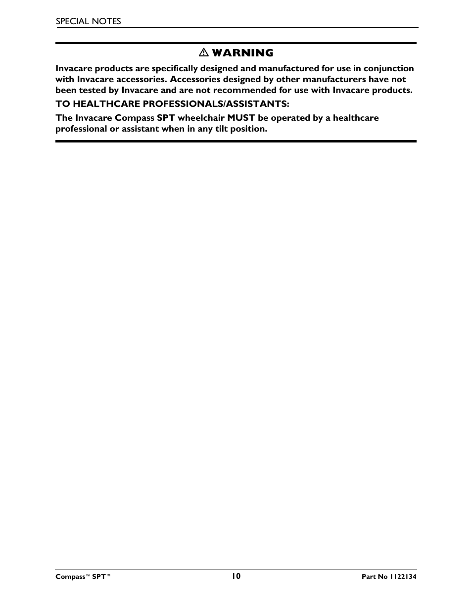 Ƽ warning | Invacare Compass SPT PH904A User Manual | Page 10 / 64