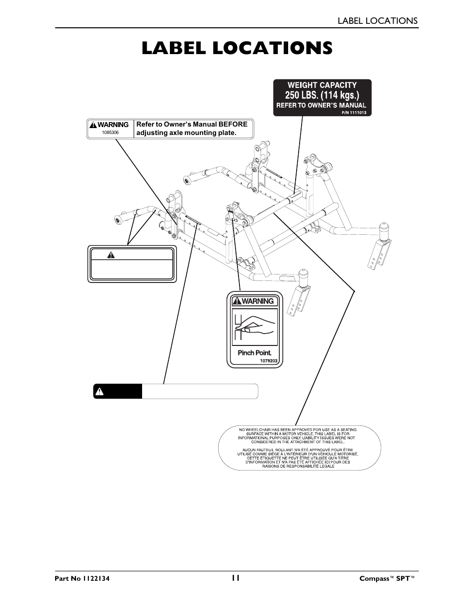 Label locations, Warning | Invacare Compass SPT PH904A User Manual | Page 11 / 64