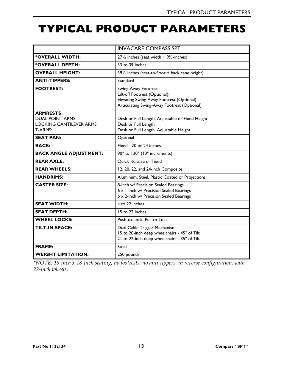 Typical product parameters | Invacare Compass SPT PH904A User Manual | Page 13 / 64