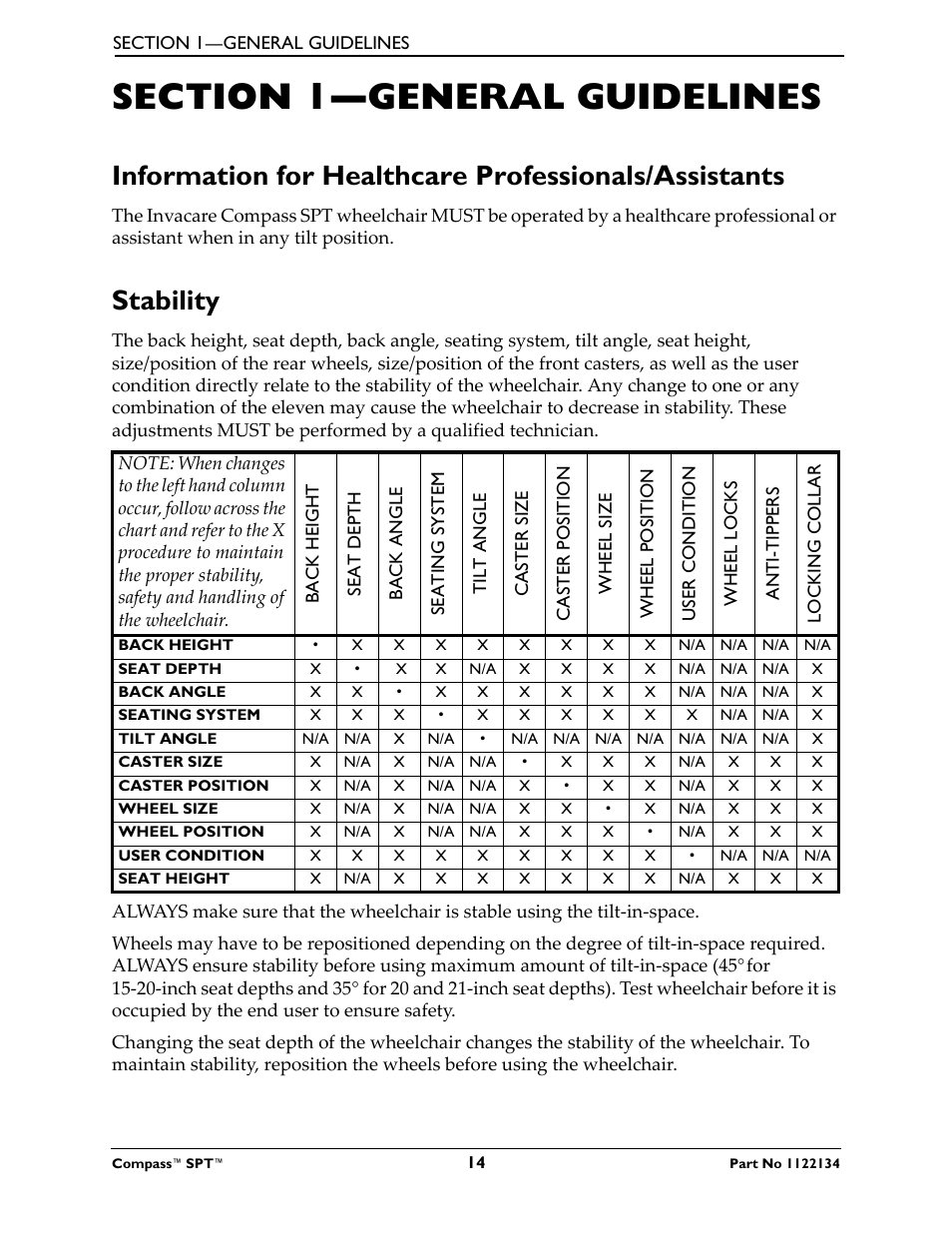 Section 1- general guidelines, Stability, Section 1—general guidelines | Invacare Compass SPT PH904A User Manual | Page 14 / 64