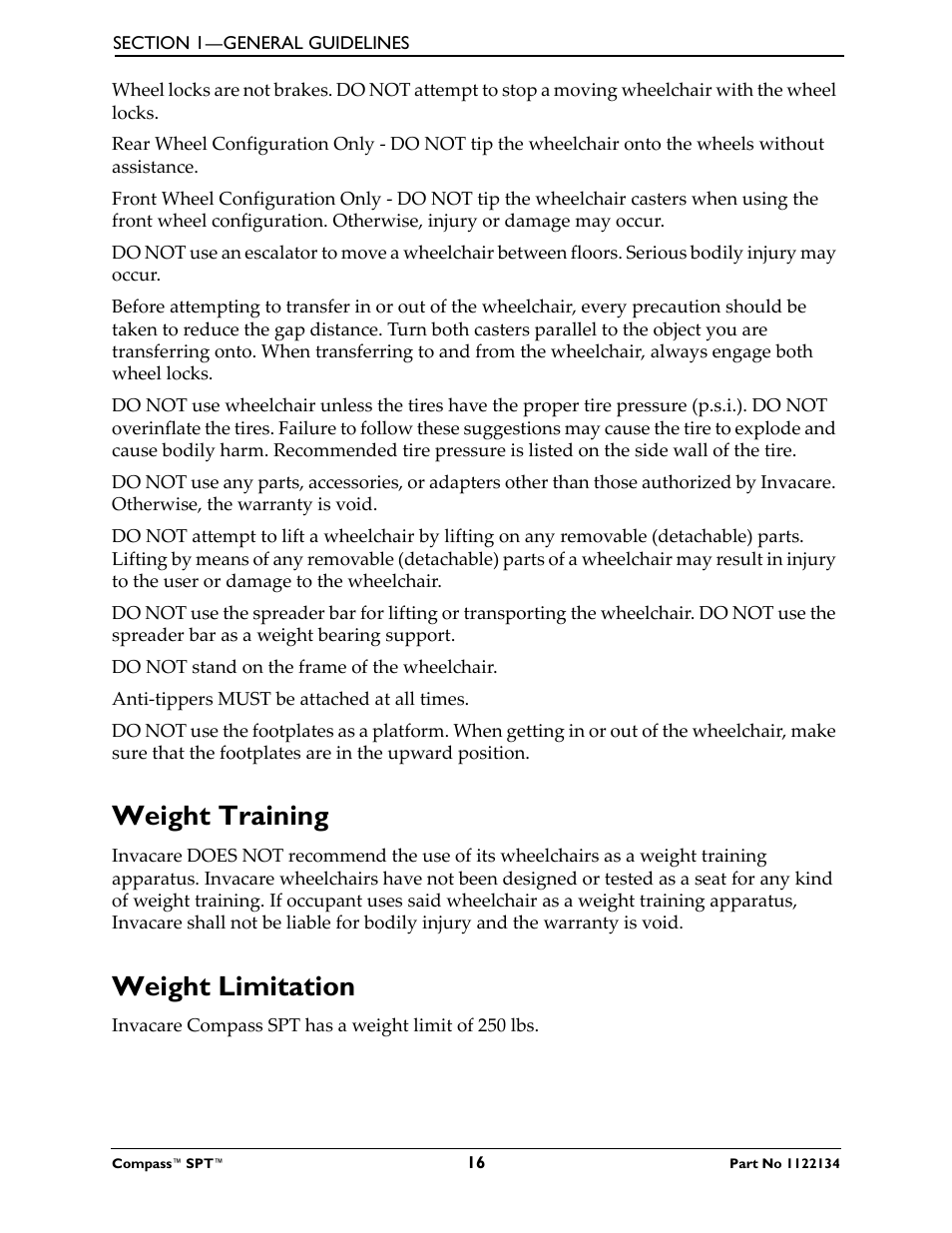Weight training, Weight limitation, Weight training weight limitation | Invacare Compass SPT PH904A User Manual | Page 16 / 64