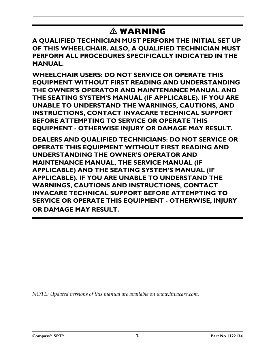 Ƽ warning | Invacare Compass SPT PH904A User Manual | Page 2 / 64