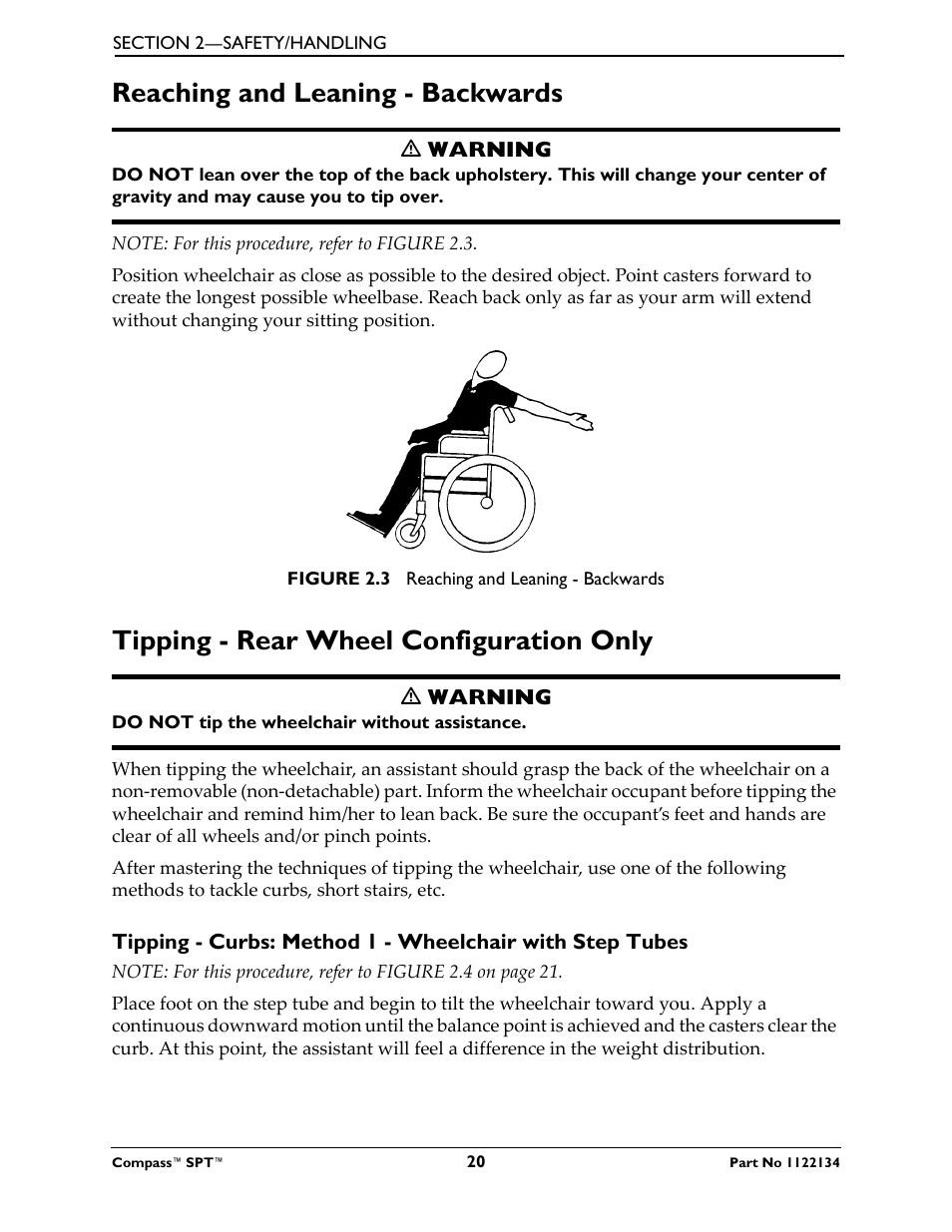 Reaching and leaning - backwards, Tipping - rear wheel configuration only | Invacare Compass SPT PH904A User Manual | Page 20 / 64