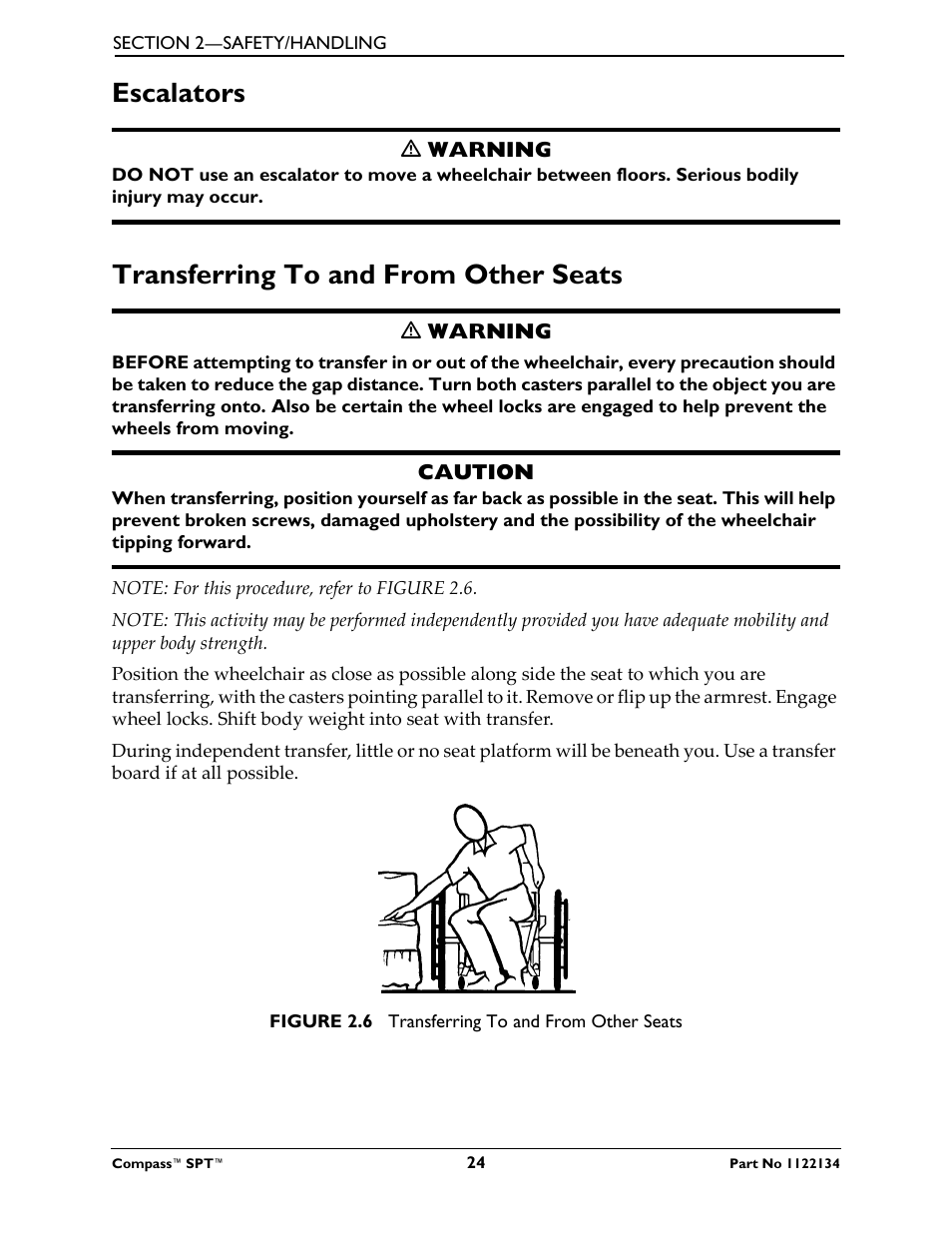 Escalators, Transferring to and from other seats, Escalators transferring to and from other seats | Invacare Compass SPT PH904A User Manual | Page 24 / 64