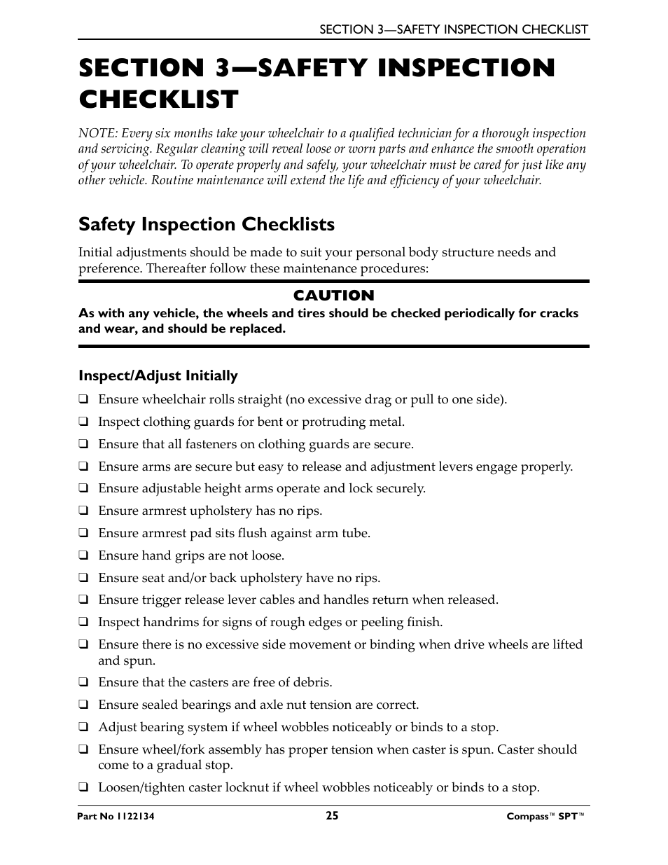 Section 3- safety inspection checklist, Safety inspection checklists, Inspect/adjust initially | Section 3—safety inspection checklist | Invacare Compass SPT PH904A User Manual | Page 25 / 64