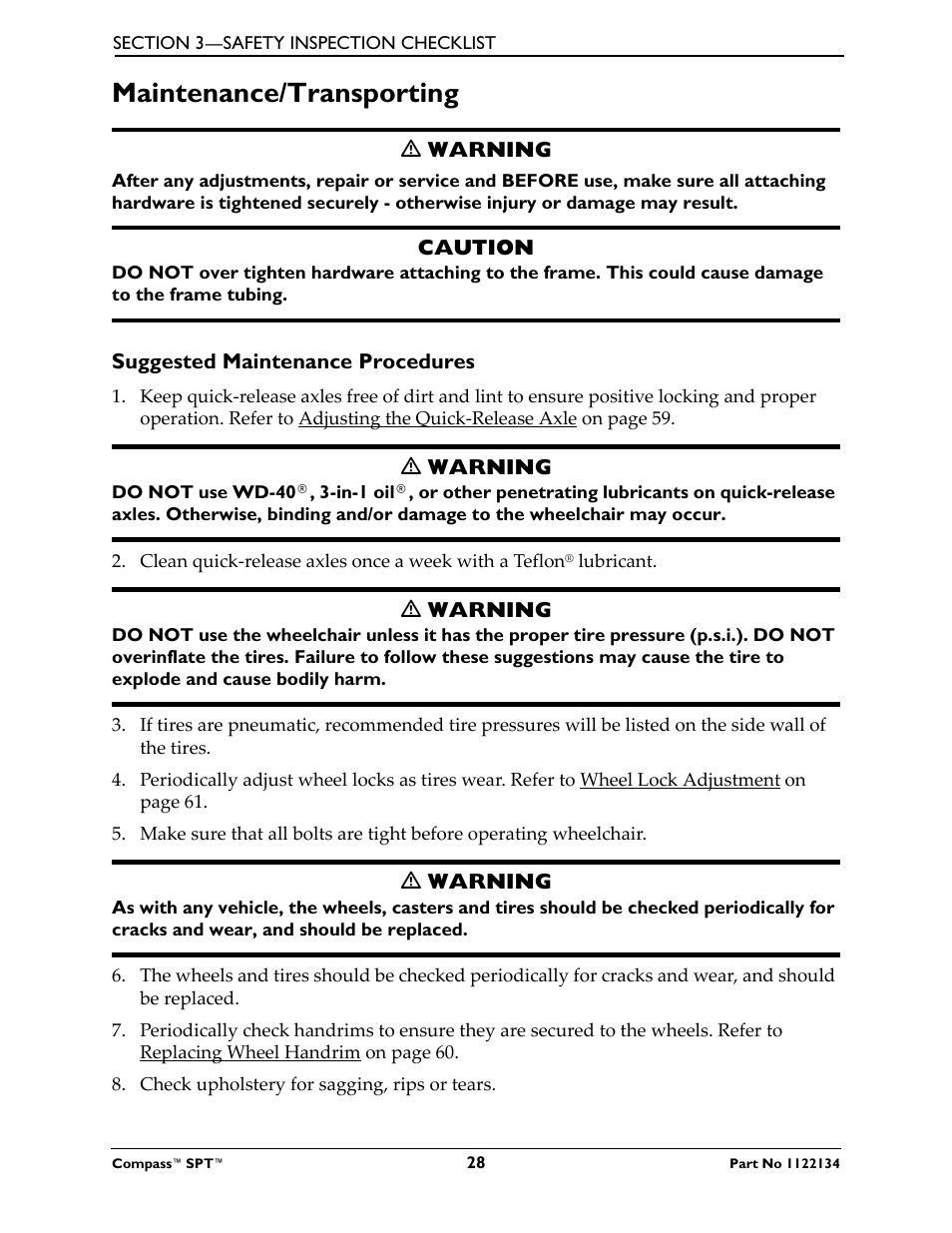 Maintenance/transporting, Suggested maintenance procedures | Invacare Compass SPT PH904A User Manual | Page 28 / 64