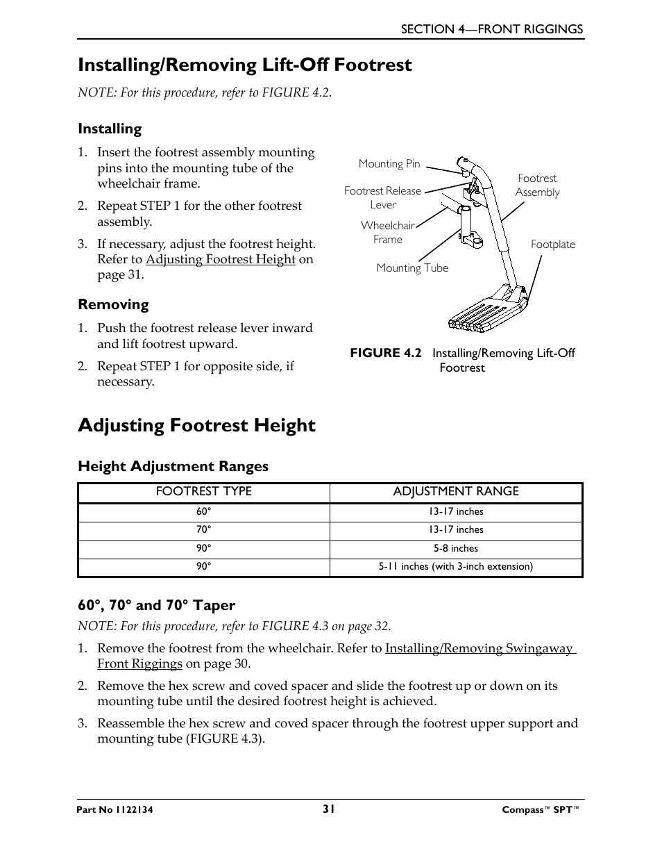 Installing/removing lift-off footrest, Installing, Removing | Adjusting footrest height, Height adjustment ranges, 60˚, 70˚ and 70˚ taper, 60°, 70° and 70° taper | Invacare Compass SPT PH904A User Manual | Page 31 / 64