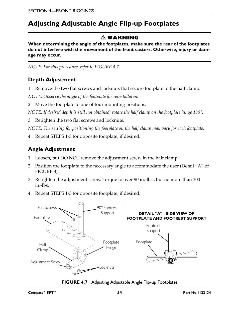 Adjusting adjustable angle flip-up footplates, Depth adjustment, Angle adjustment | Invacare Compass SPT PH904A User Manual | Page 34 / 64