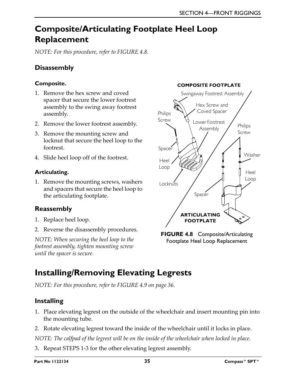 Disassembly, Composite, Articulating | Reassembly, Installing/removing elevating legrests, Installing | Invacare Compass SPT PH904A User Manual | Page 35 / 64