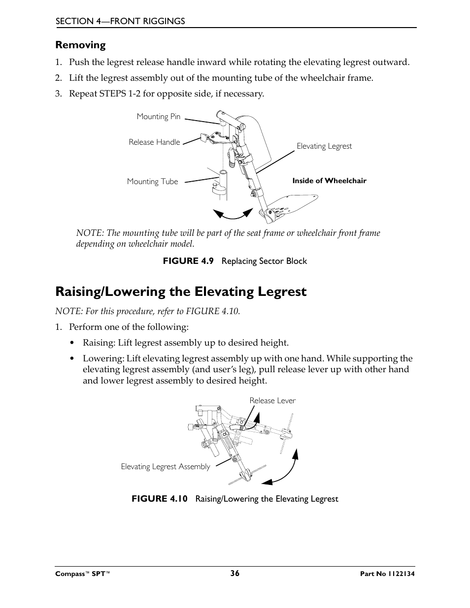 Removing, Raising/lowering the elevating legrest | Invacare Compass SPT PH904A User Manual | Page 36 / 64