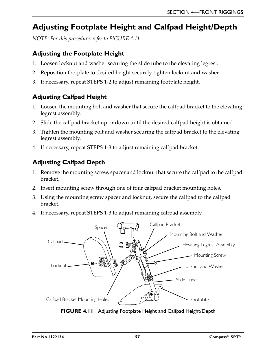 Adjusting the footplate height, Adjusting calfpad height, Adjusting calfpad depth | Invacare Compass SPT PH904A User Manual | Page 37 / 64