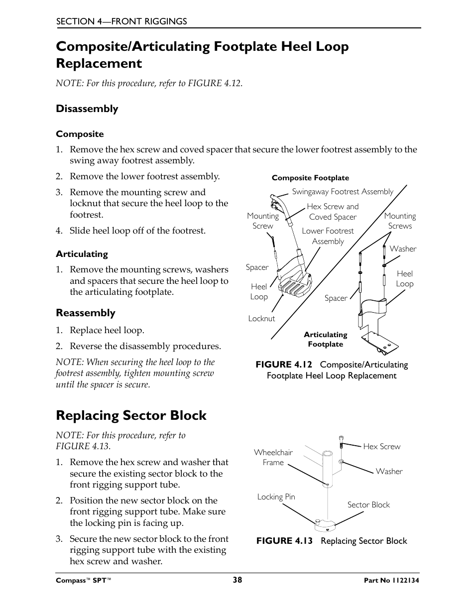 Disassembly, Composite, Articulating | Reassembly, Replacing sector block | Invacare Compass SPT PH904A User Manual | Page 38 / 64