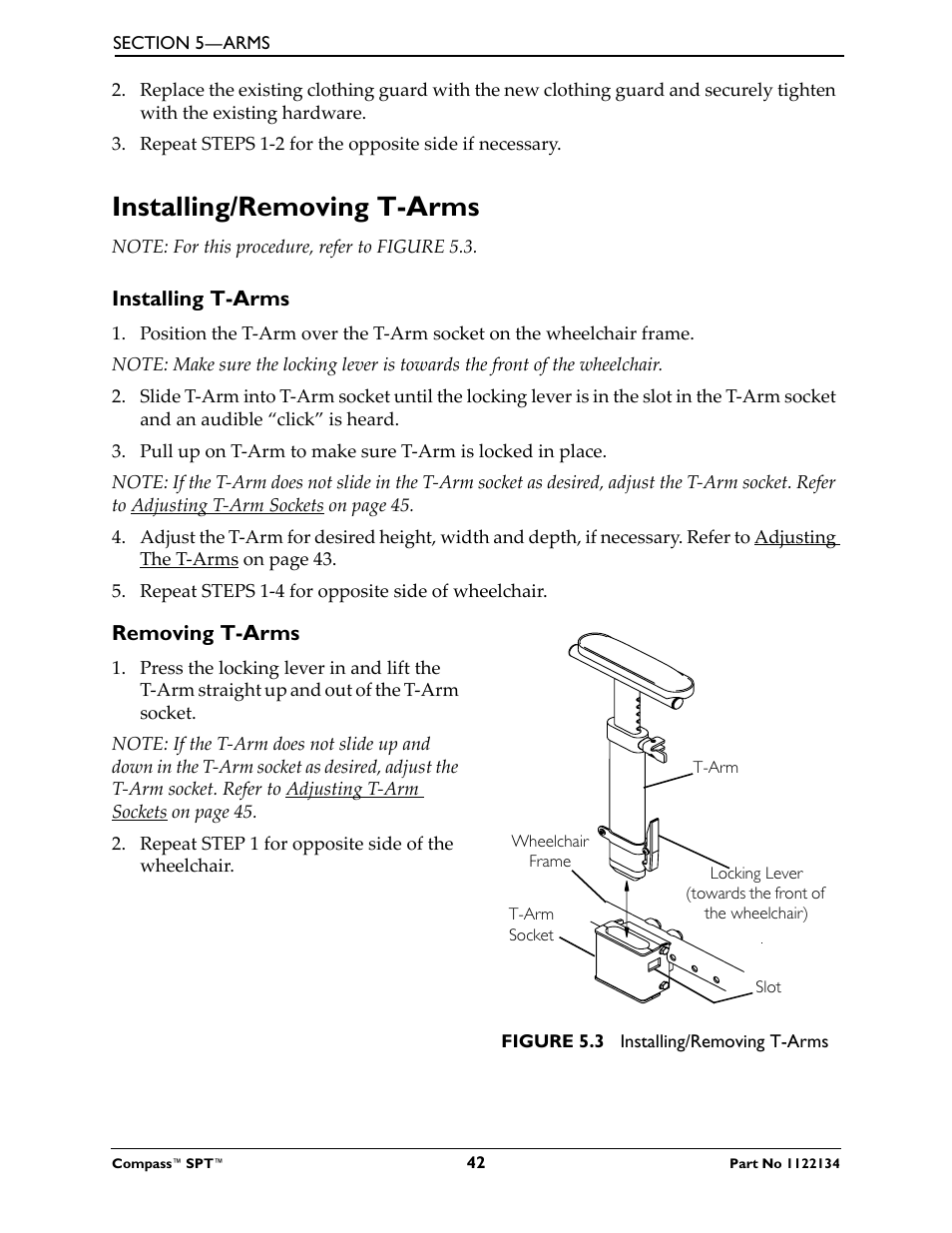 Installing/removing t-arms, Installing t-arms, Removing t-arms | Invacare Compass SPT PH904A User Manual | Page 42 / 64