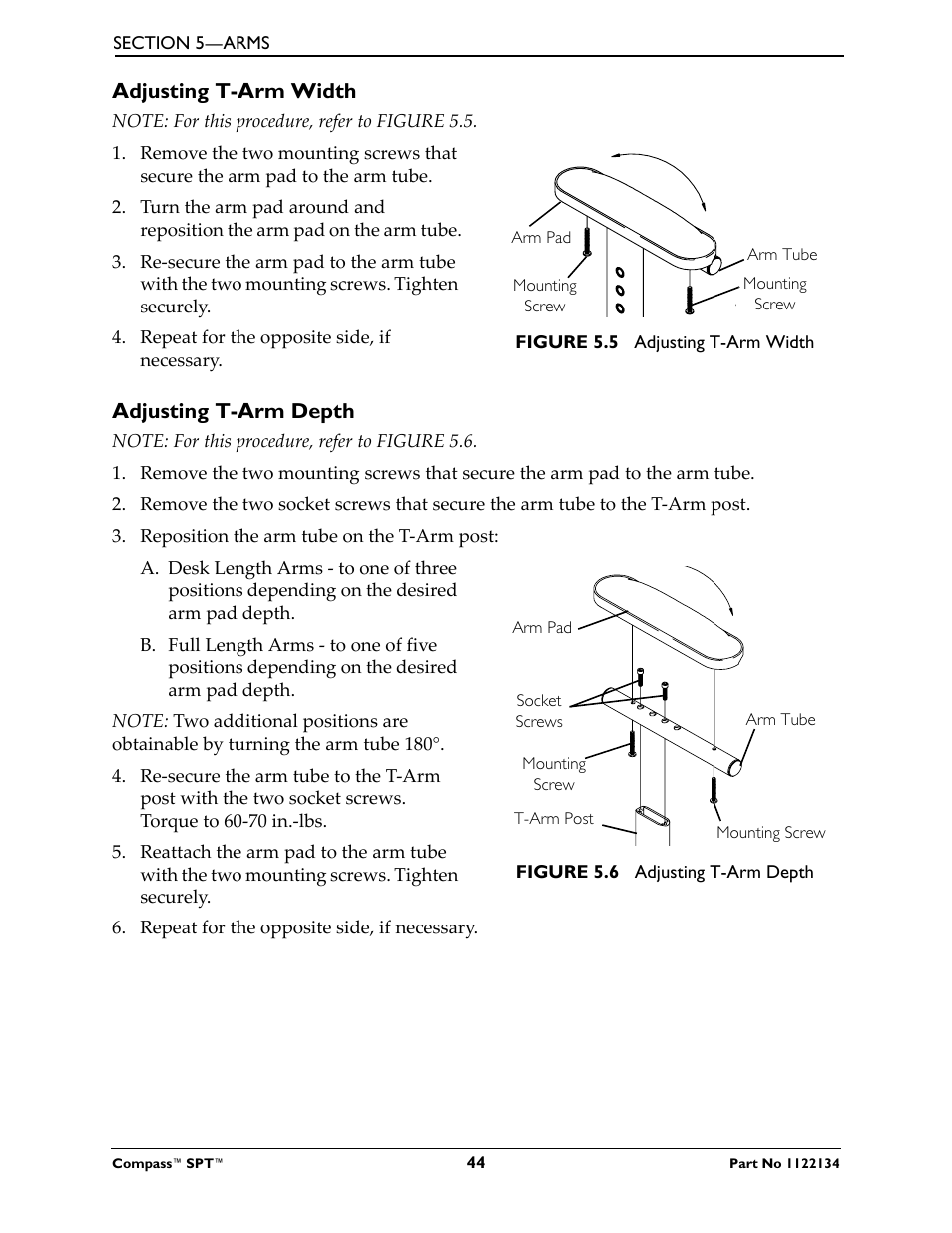 Adjusting t-arm width, Adjusting t-arm depth | Invacare Compass SPT PH904A User Manual | Page 44 / 64