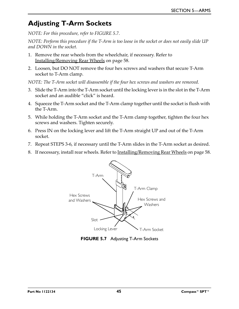 Adjusting t-arm sockets | Invacare Compass SPT PH904A User Manual | Page 45 / 64