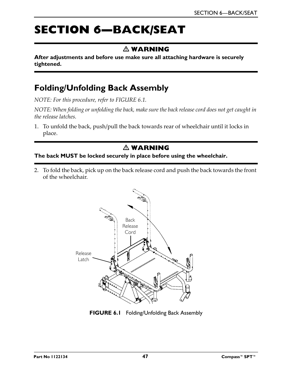 Section 6- back/seat, Folding/unfolding back assembly, Section 6—back/seat | Refer | Invacare Compass SPT PH904A User Manual | Page 47 / 64