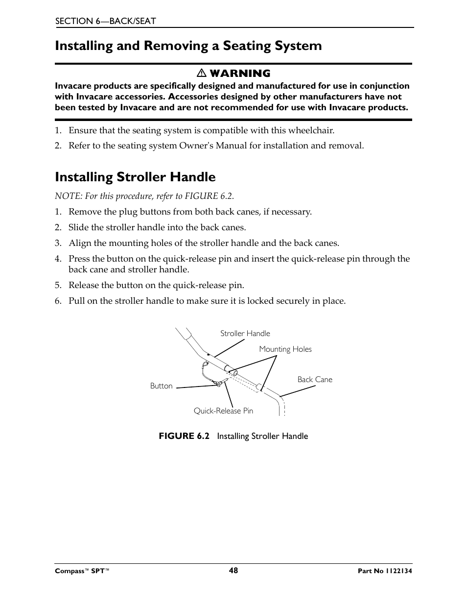 Installing and removing a seating system, Installing stroller handle | Invacare Compass SPT PH904A User Manual | Page 48 / 64