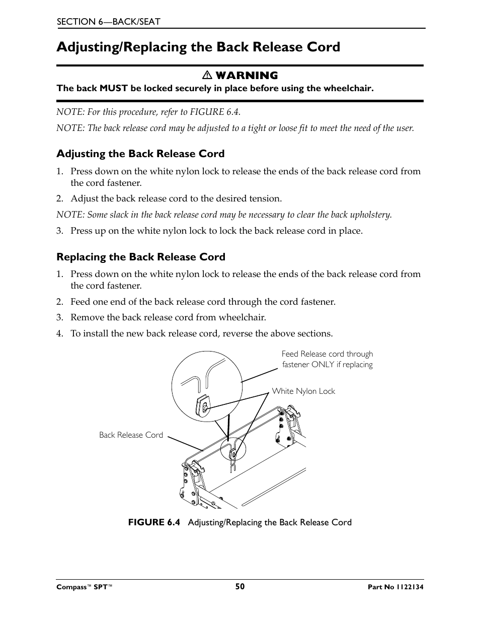 Adjusting/replacing the back release cord, Adjusting the back release cord, Replacing the back release cord | Invacare Compass SPT PH904A User Manual | Page 50 / 64