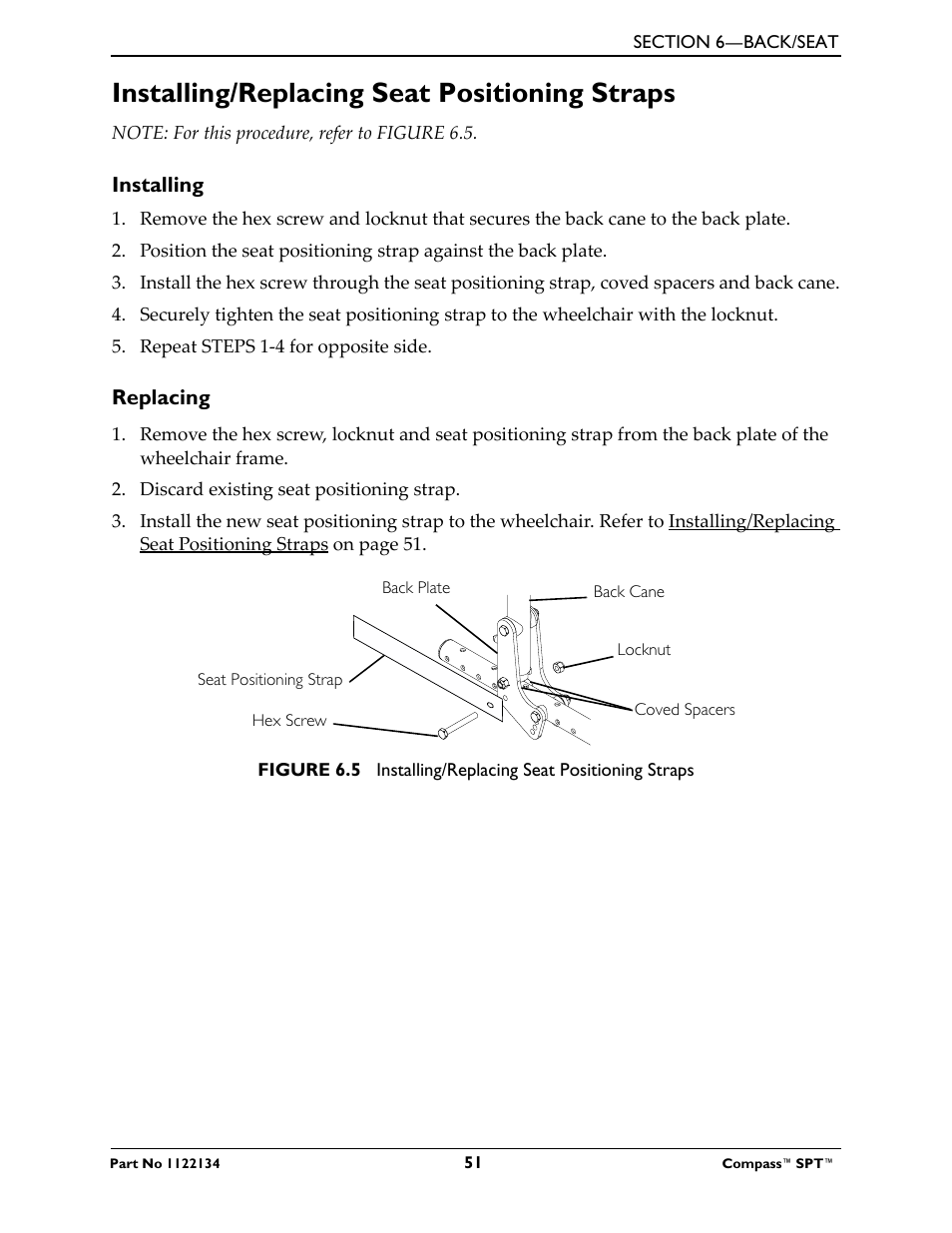 Installing/replacing seat positioning straps, Installing, Replacing | Invacare Compass SPT PH904A User Manual | Page 51 / 64