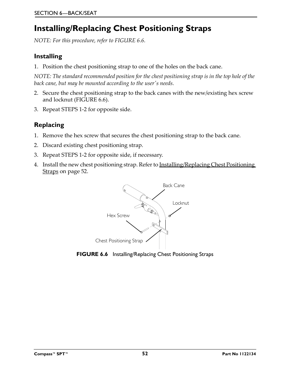 Installing/replacing chest positioning straps, Installing, Replacing | Invacare Compass SPT PH904A User Manual | Page 52 / 64