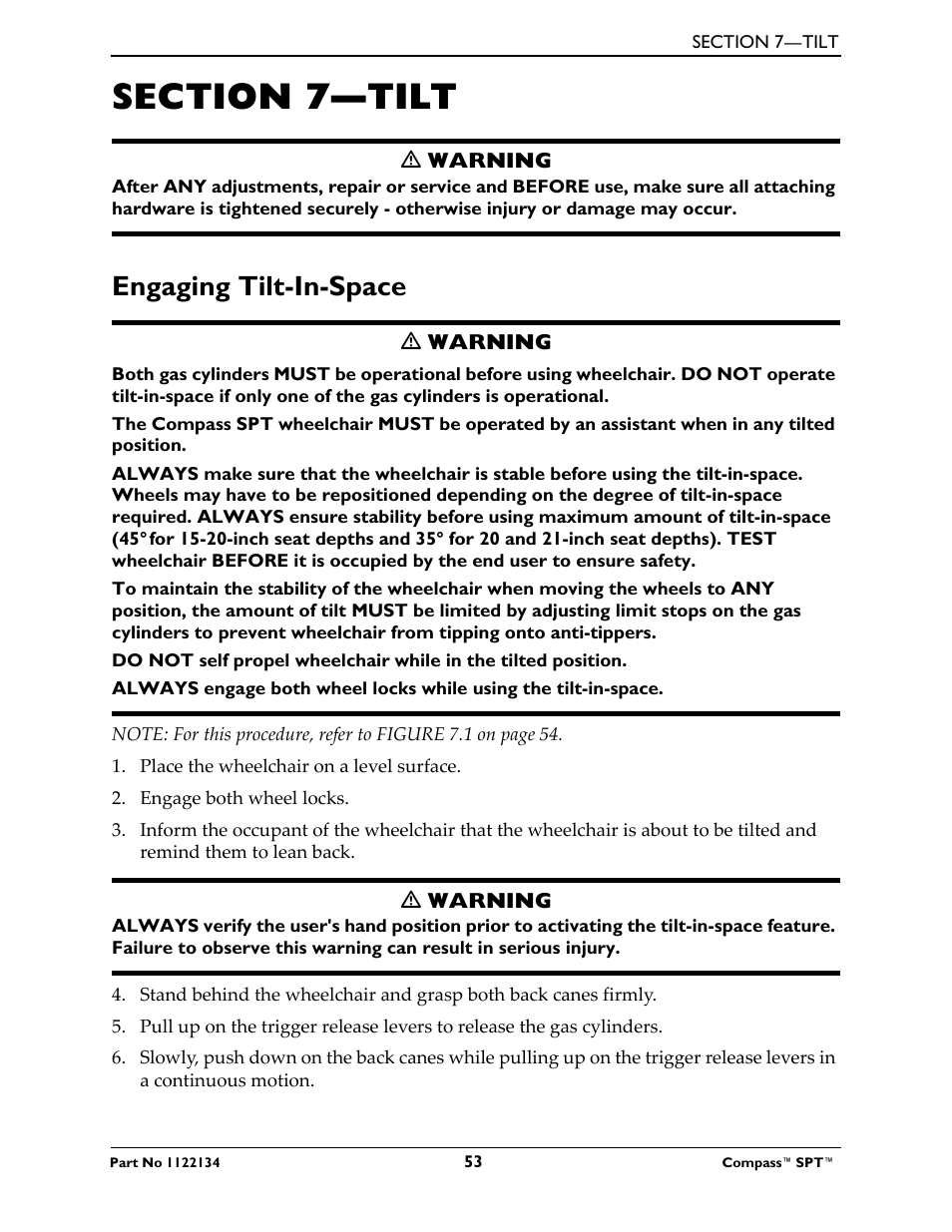 Section 7- tilt, Engaging tilt-in-space, Section 7—tilt | Invacare Compass SPT PH904A User Manual | Page 53 / 64