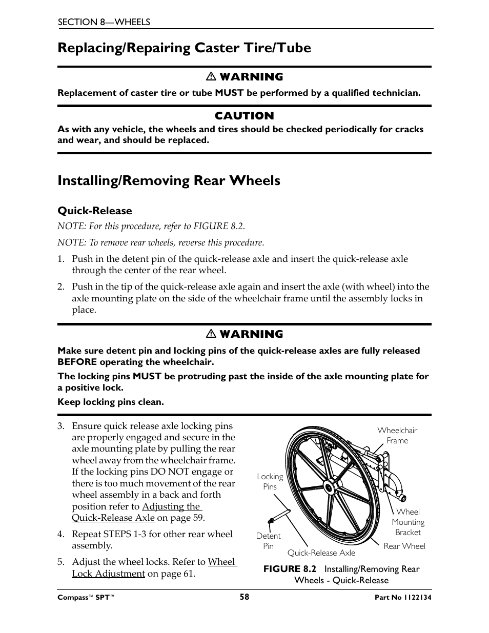 Replacing/repairing caster tire/tube, Installing/removing rear wheels, Quick-release | Refer to | Invacare Compass SPT PH904A User Manual | Page 58 / 64