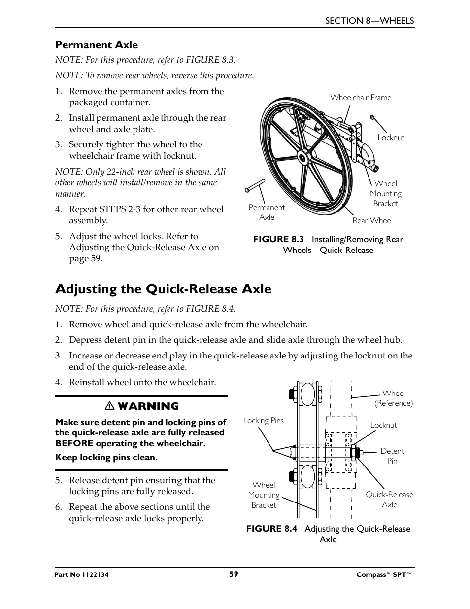 Permanent axle, Adjusting the quick-release axle | Invacare Compass SPT PH904A User Manual | Page 59 / 64