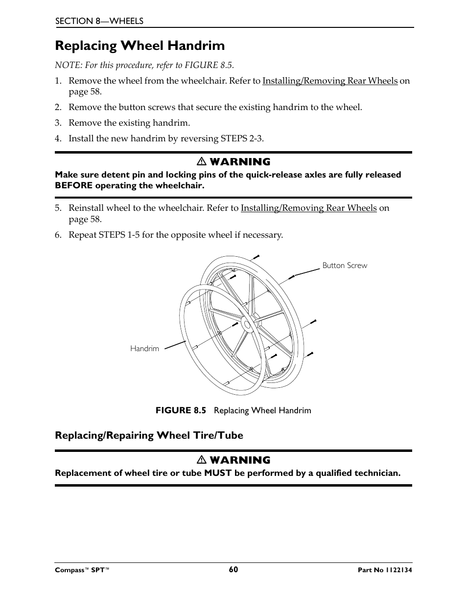 Replacing wheel handrim, Replacing/repairing wheel tire/tube, Refer to | Invacare Compass SPT PH904A User Manual | Page 60 / 64