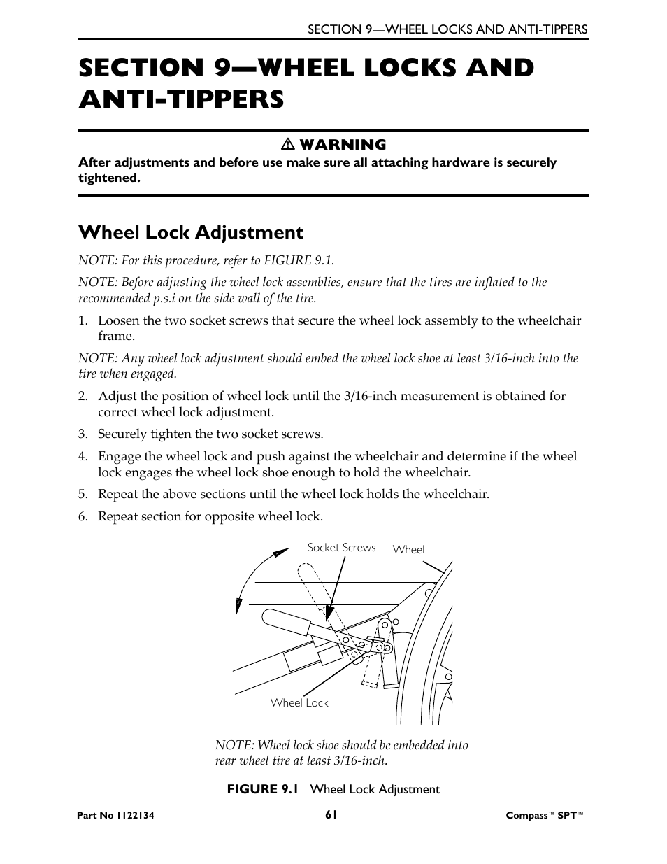 Section 9- wheel locks and anti-tippers, Wheel lock adjustment, Section 9—wheel locks and anti-tippers | Refer to wheel lock adjustment on, Adjust the wheel locks. refer to wheel | Invacare Compass SPT PH904A User Manual | Page 61 / 64