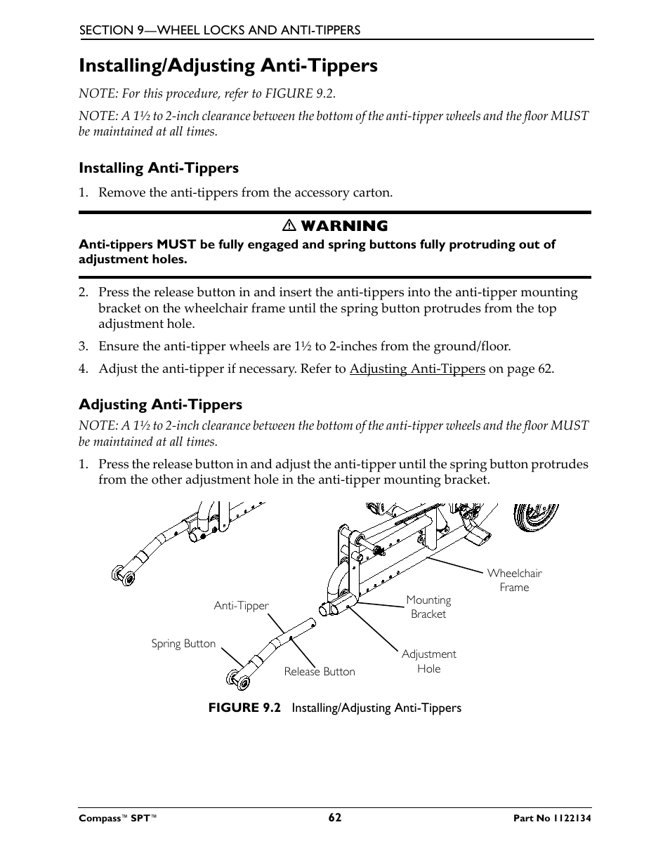 Installing/adjusting anti-tippers, Installing anti-tippers, Adjusting anti-tippers | Invacare Compass SPT PH904A User Manual | Page 62 / 64