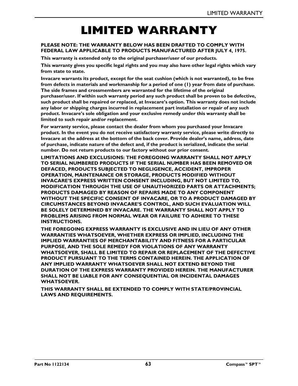 Limited warranty | Invacare Compass SPT PH904A User Manual | Page 63 / 64