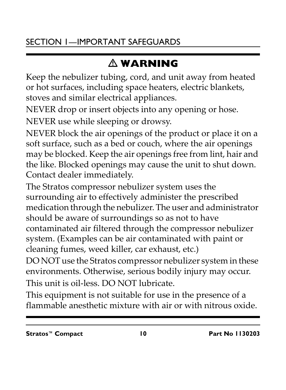 M warning, Never use while sleeping or drowsy, This unit is oil-less. do not lubricate | Ƽ warning | Invacare Stratos Compact IRC 1710 User Manual | Page 10 / 92