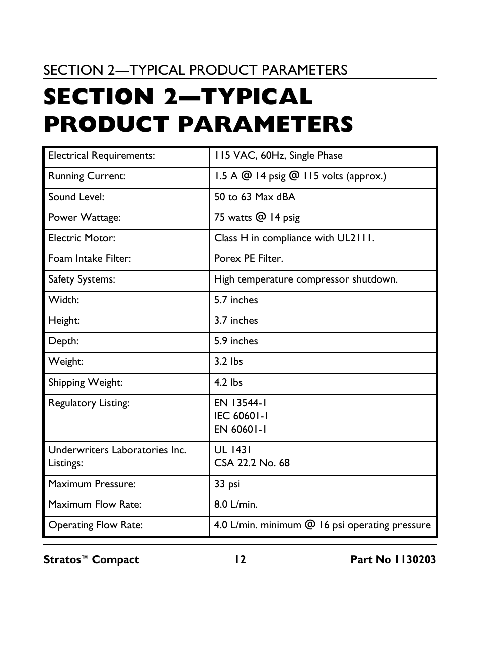 Section 2— typical product parameters | Invacare Stratos Compact IRC 1710 User Manual | Page 12 / 92