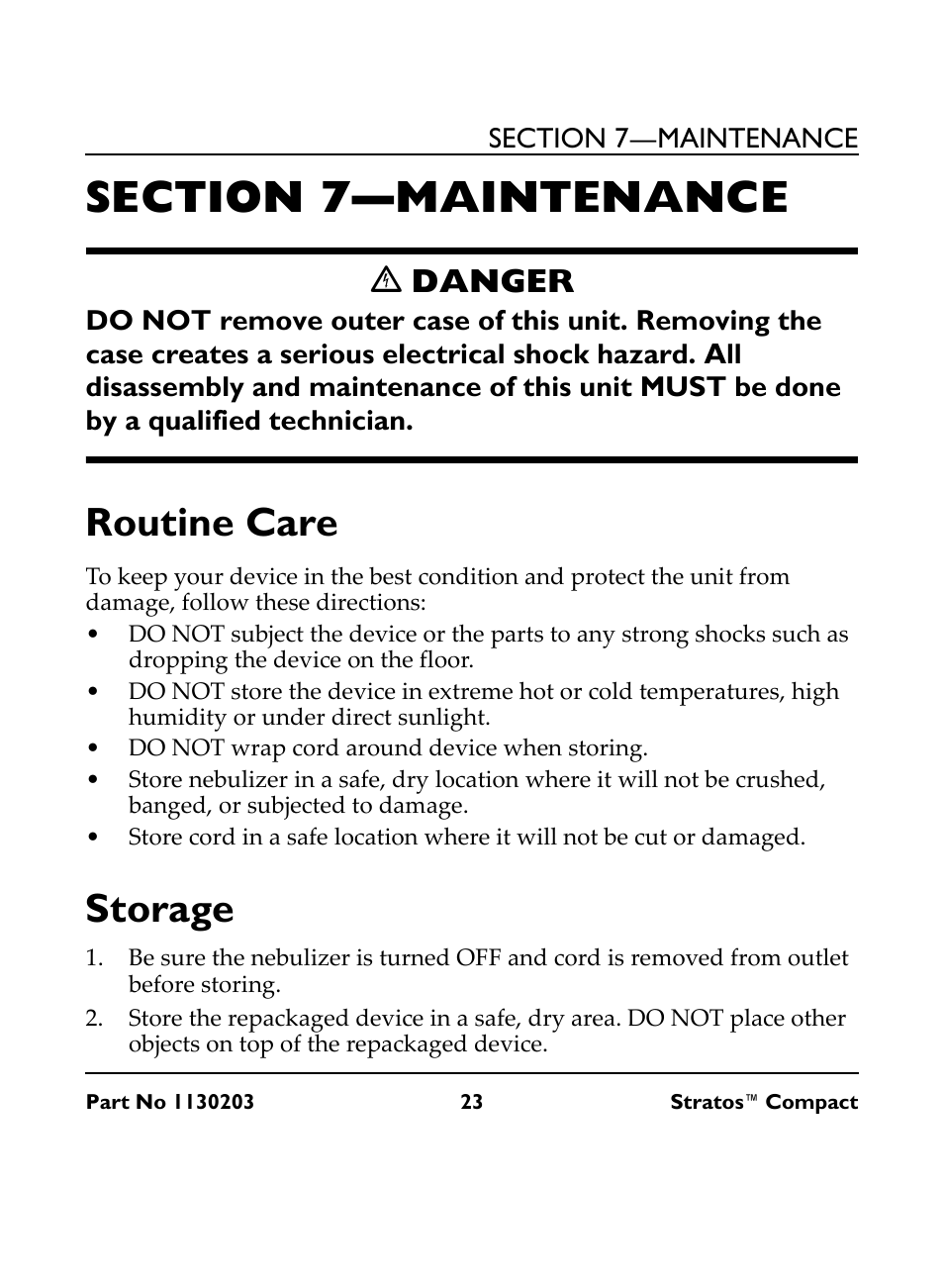 Section 7— maintenance, C danger, Routine care | Do not wrap cord around device when storing, Storage, Section 7—maintenance, Routine care storage, Ꮨ danger | Invacare Stratos Compact IRC 1710 User Manual | Page 23 / 92
