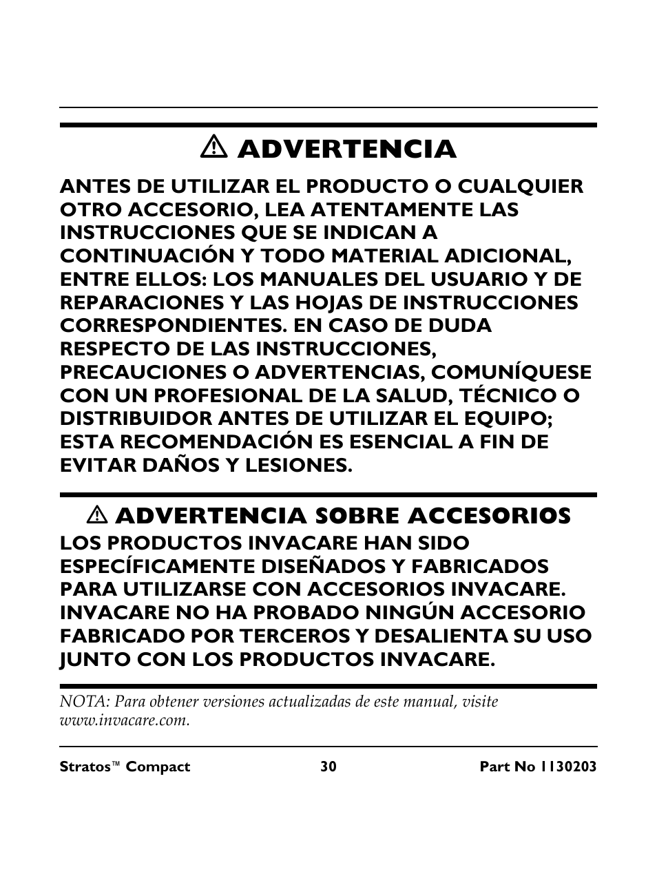 M advertencia, M advertencia sobre accesorios, Advertencia | Ƽ advertencia sobre accesorios | Invacare Stratos Compact IRC 1710 User Manual | Page 30 / 92