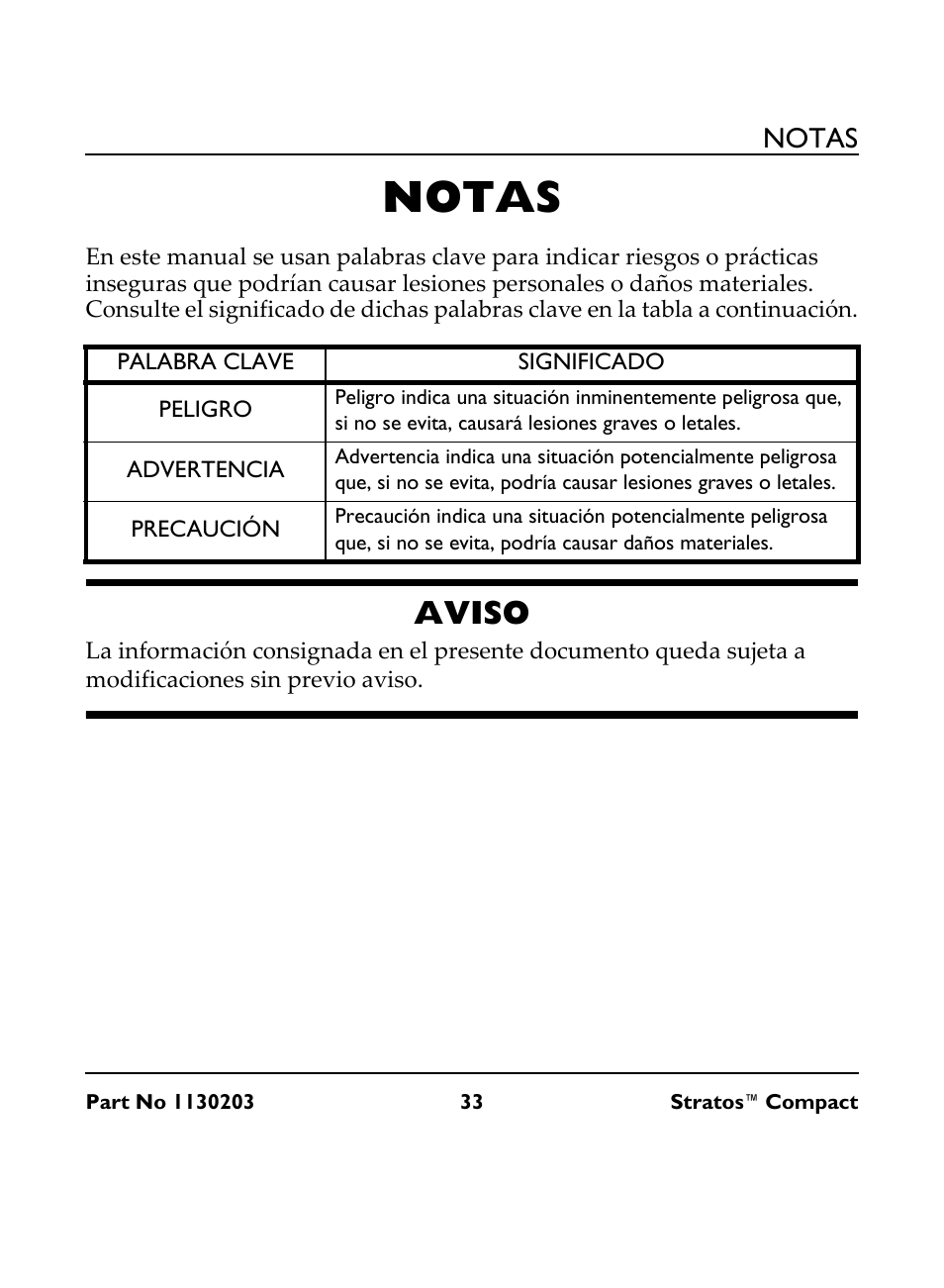 Notas, Palabra clave, Significado | Aviso | Invacare Stratos Compact IRC 1710 User Manual | Page 33 / 92