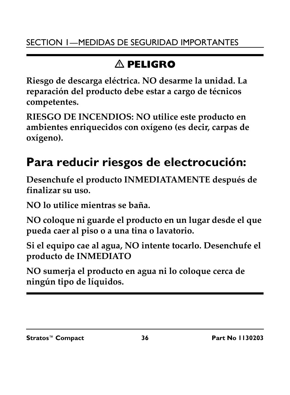 C peligro, Para reducir riesgos de electrocución, No lo utilice mientras se baña | Ꮨ peligro | Invacare Stratos Compact IRC 1710 User Manual | Page 36 / 92