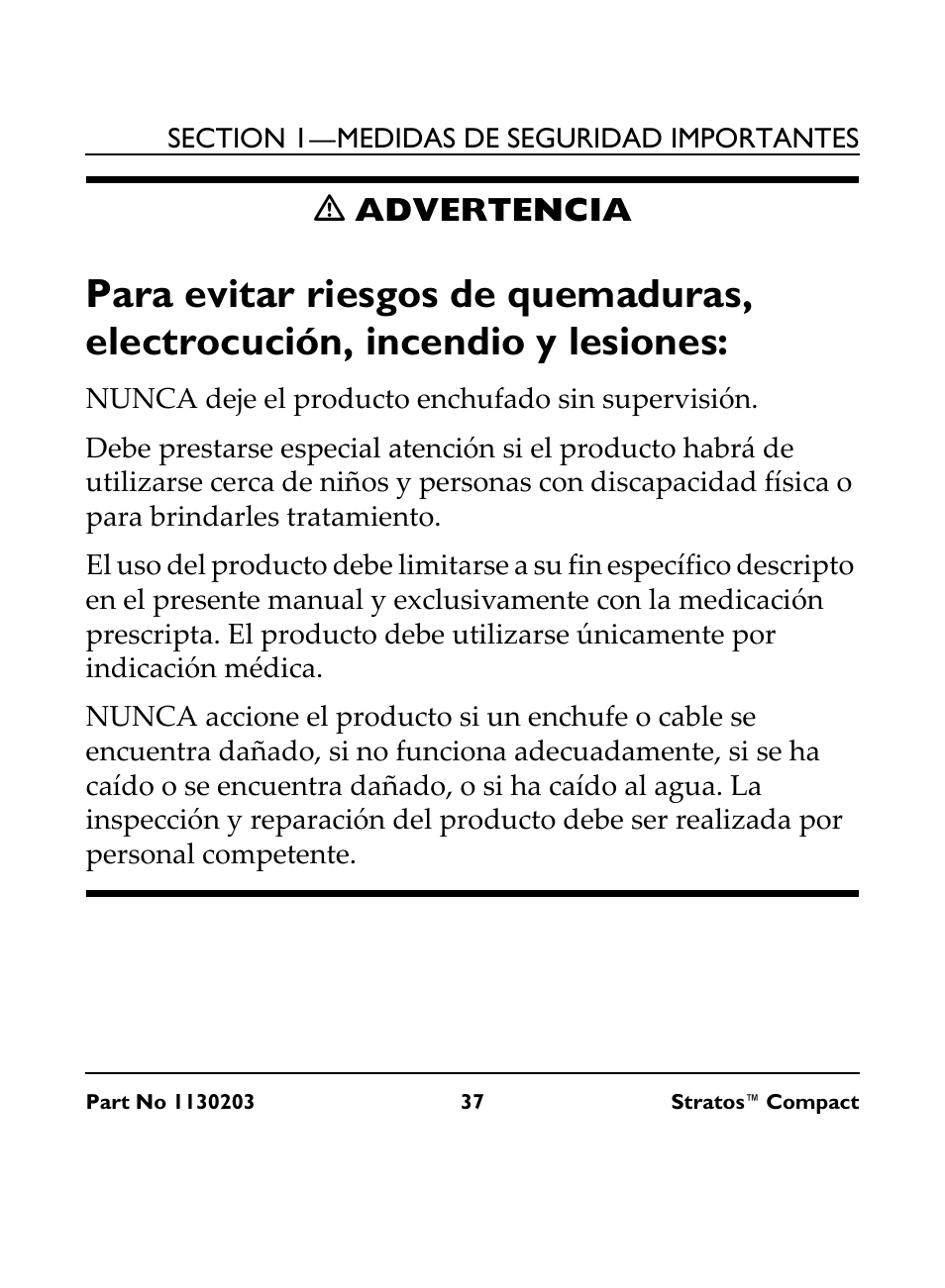 M advertencia, Nunca deje el producto enchufado sin supervisión, Ƽ advertencia | Invacare Stratos Compact IRC 1710 User Manual | Page 37 / 92