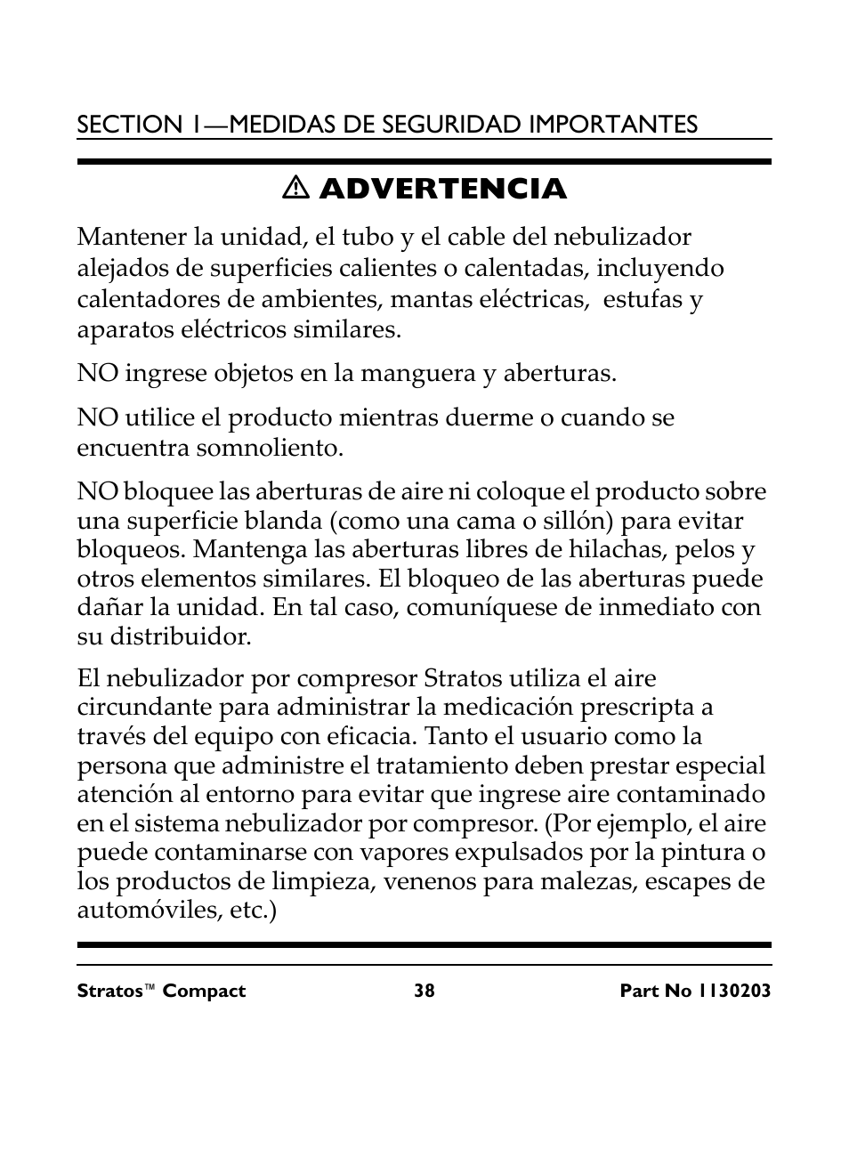 M advertencia, No ingrese objetos en la manguera y aberturas, Ƽ advertencia | Invacare Stratos Compact IRC 1710 User Manual | Page 38 / 92