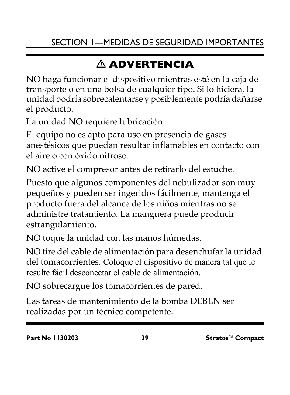 M advertencia, La unidad no requiere lubricación, No toque la unidad con las manos húmedas | No sobrecargue los tomacorrientes de pared, Ƽ advertencia | Invacare Stratos Compact IRC 1710 User Manual | Page 39 / 92