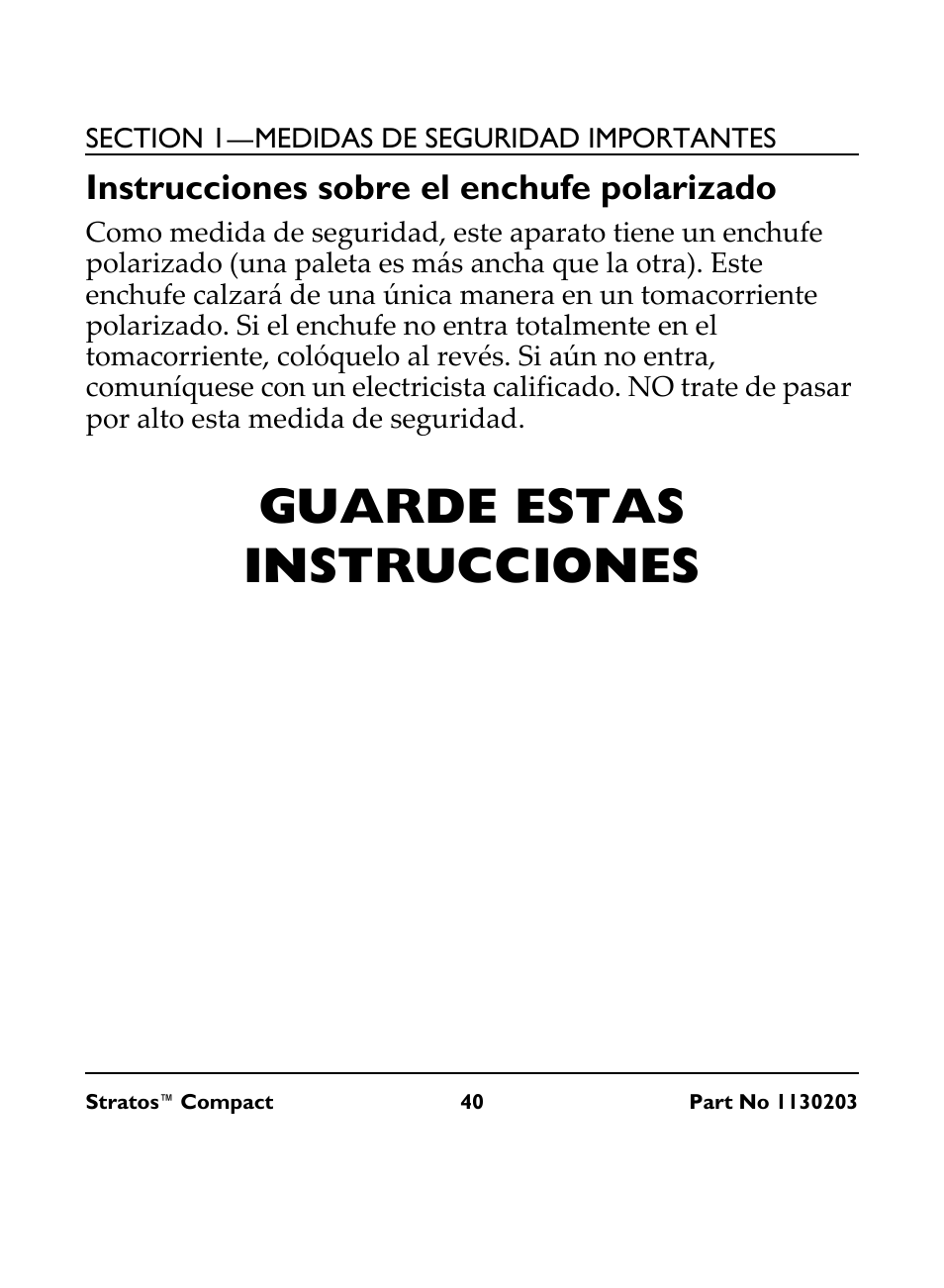 Instrucciones sobre el enchufe polarizado, Guarde estas instrucciones | Invacare Stratos Compact IRC 1710 User Manual | Page 40 / 92